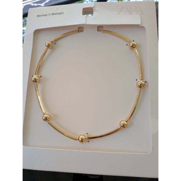 Zara Necklace Women SS25 18" Golden Metal Curved Tube Bead Stations Minimalist - Picture 1 of 9